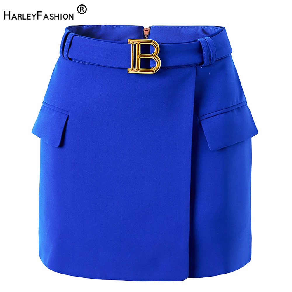 Royal Blue Women Belt Straight Mini Skirt New Summer Quality Fabric Lady Fashion Short Design