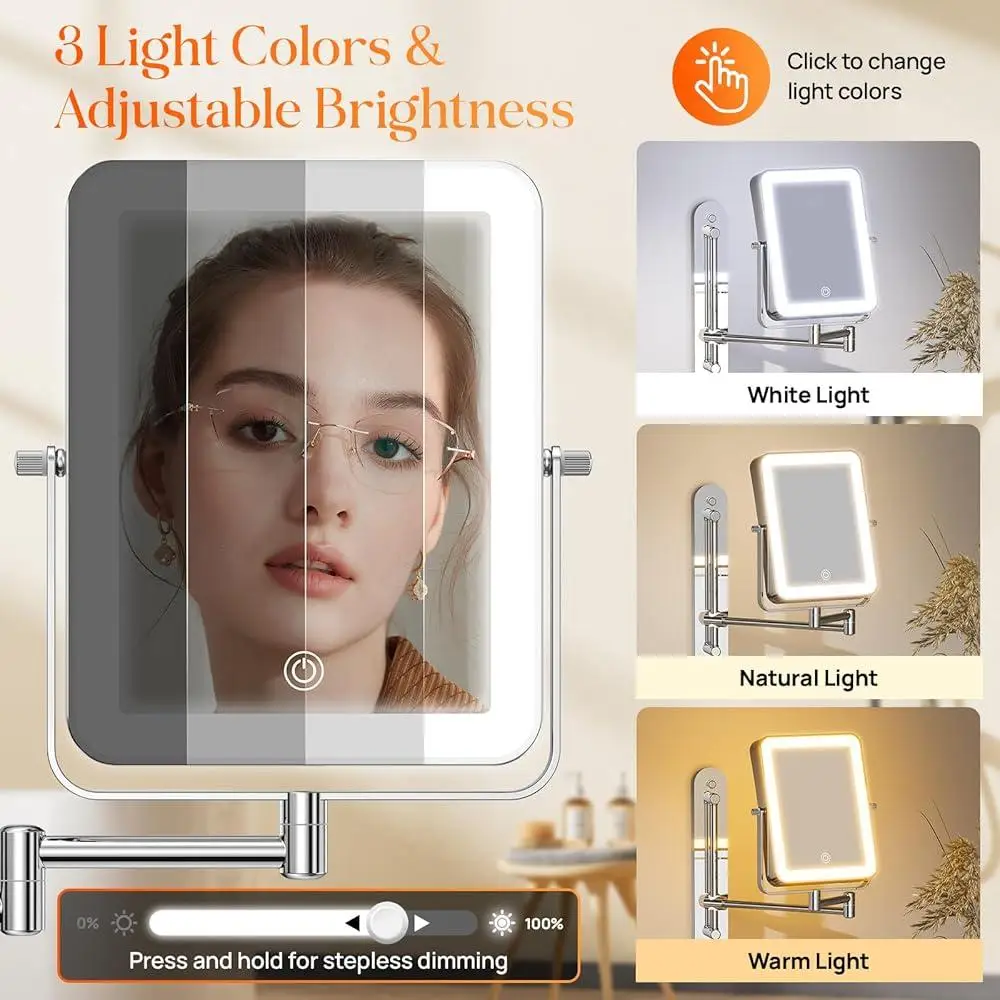 Height Adjustable Wall Mounted Lighted Makeup Mirror 3000mAh Rechargeable Magnification 1X10X Touch Switches 3 Light Colors 360
