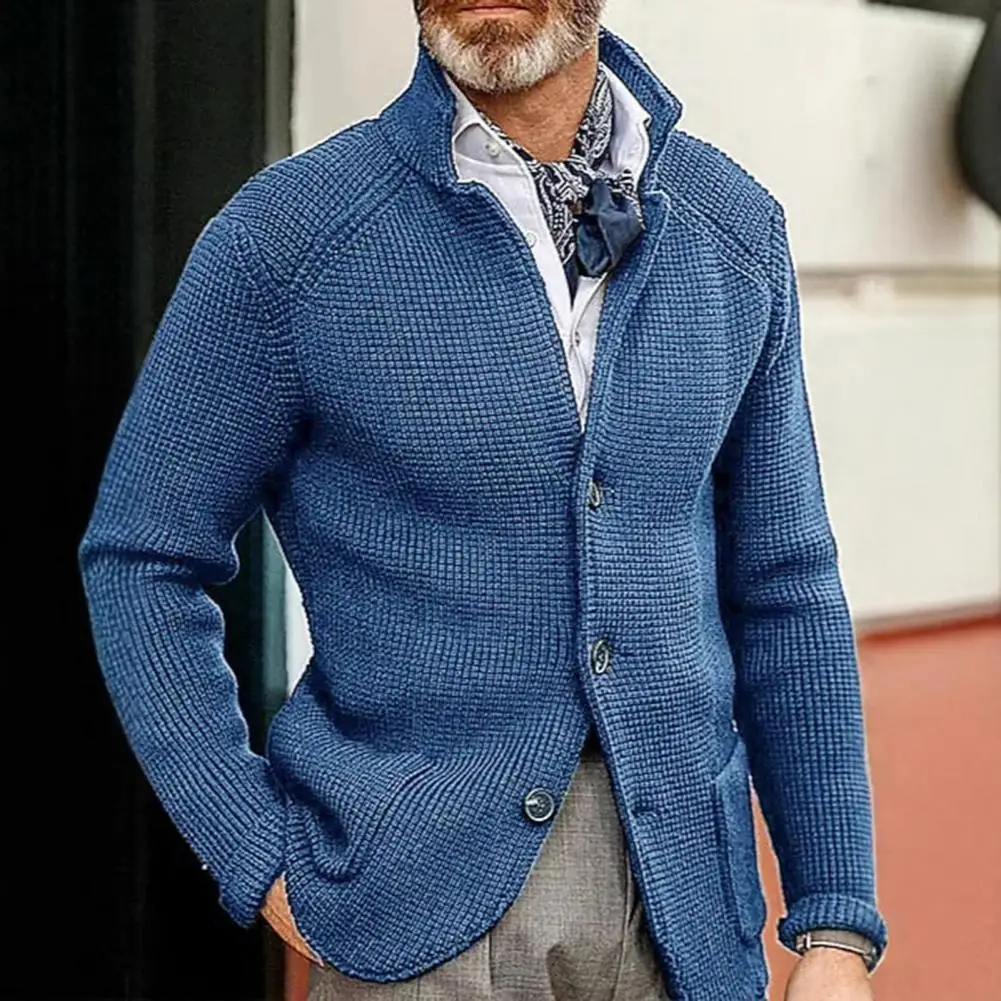 

Breathable Men Jacket Men Knitting Coat Men's Knitting Coat Lapel Collar Long Sleeve Loose Fit Jacket Solid Color Knitwear