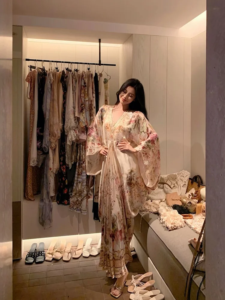 

Uomosi STAZF7 plus Size Summer Vacation Style Satin Long Dress Women's Retro Batwing Sleeve Print Dress High Waist A-Line Skirt