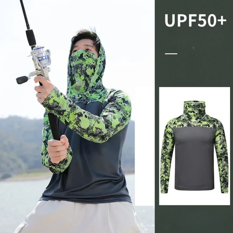

Patchwork Fishing Shirt Hooded Men Fishing Clothes Outdoor Summer Mask Hoodie Sun Uv Protection Performance Jersey Skin Coat Man