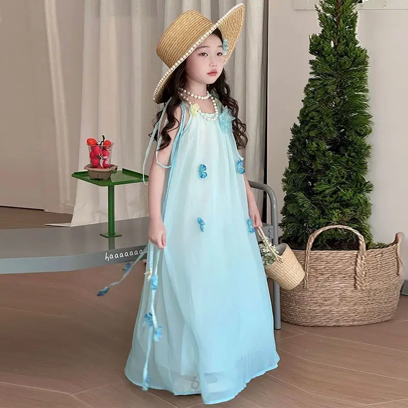 Girls' Dress Summer New Children's Beach Vacation Long Fashion and Solid Color Kids Beautiful Dress