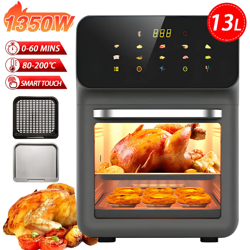 

13L Air Fryer Oven, 1350W Digital Air Fryer with Rotisserie, 360° Hot Air Circulation, Smart Touch, Timer & Temperature Co