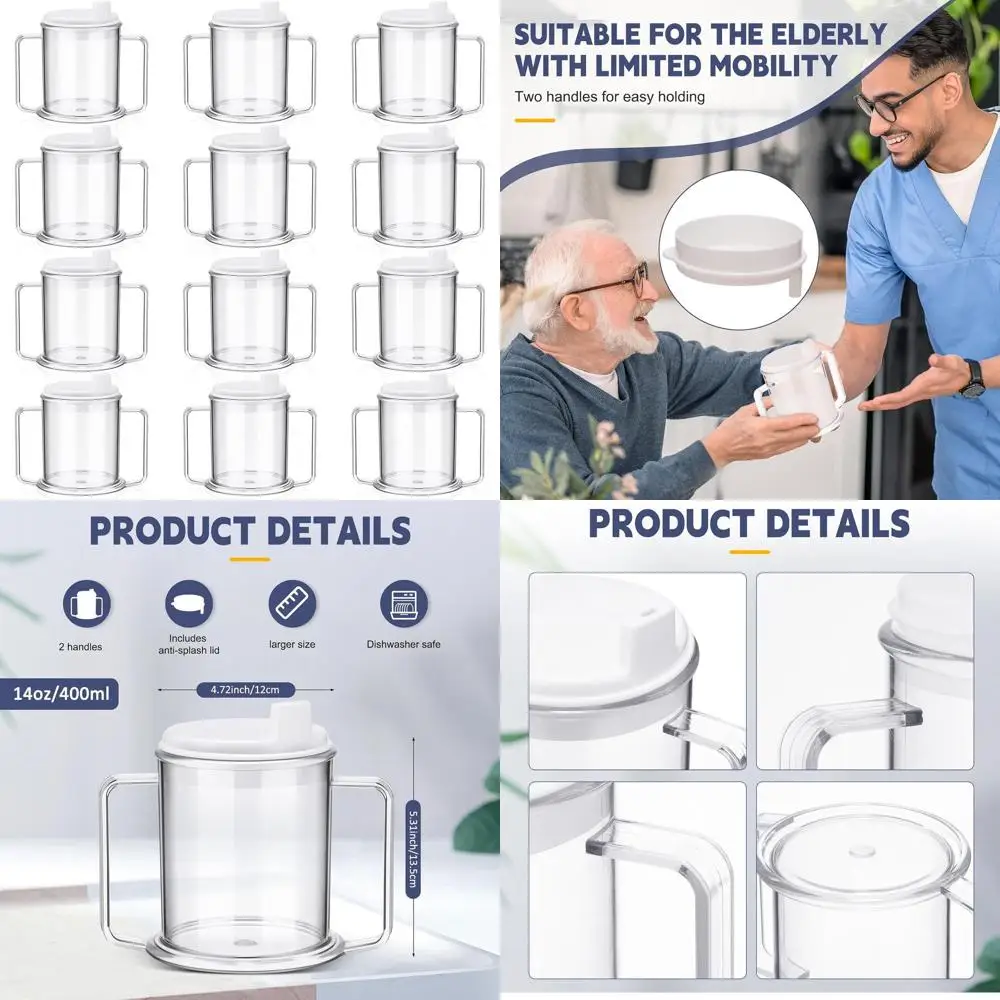 

12 Pack Adult Sippy Cups, 13.5 oz Leak-Proof Mugs with Grip Handles for Elderly and Limited Mobility