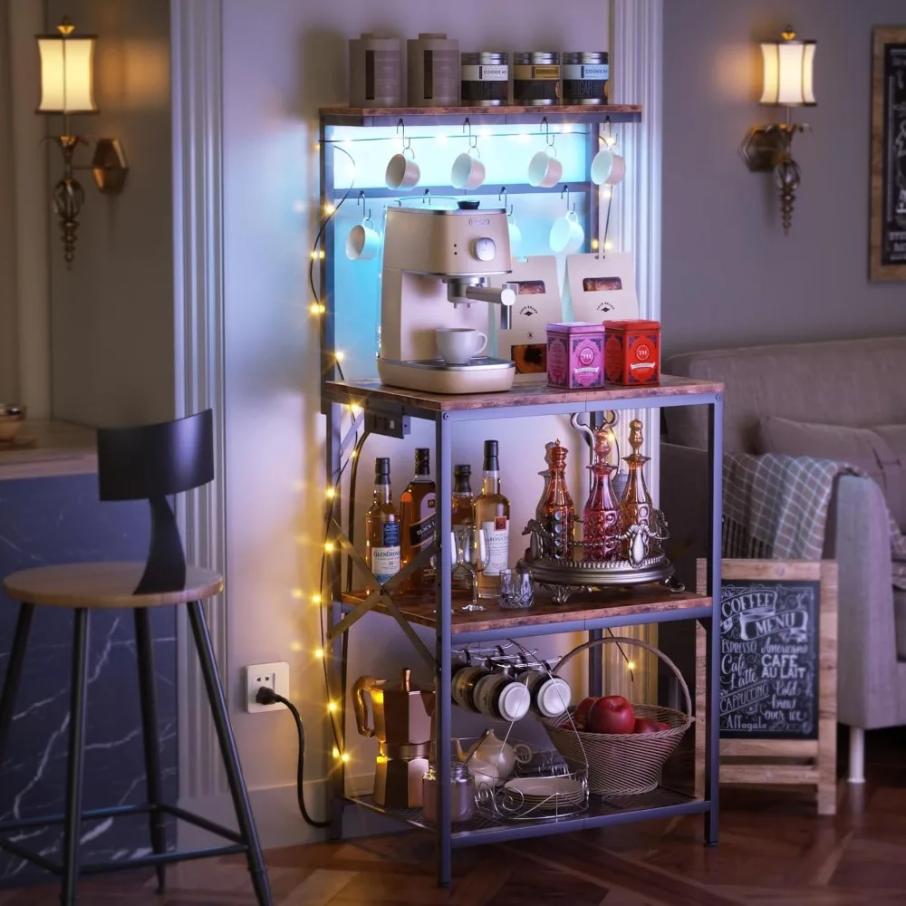 Kitchen Bakers Rack with Power Outlet & LED Lights, Small Coffee Bar Table with Adjustable Storage Shelf, 4 Tiers Microwave Stan