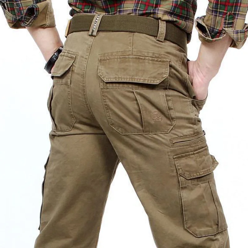 Spring 100% Cotton Cargo Pants Men Clothing Black Blue Khaki Mulit Pockets Straight Casual Pants Military Work Pants Size 42 44