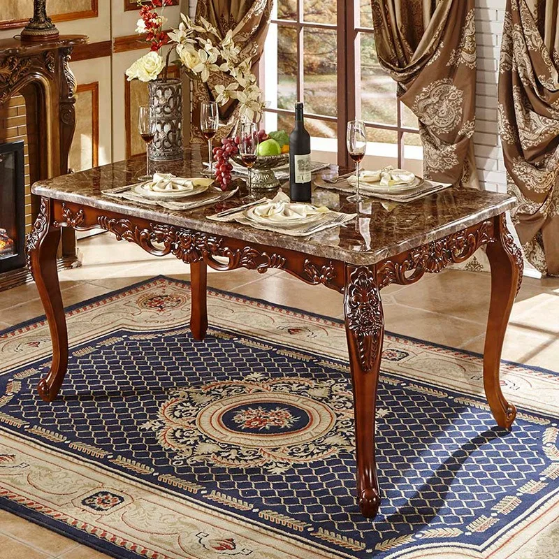 European Royal Marble Dining Table Chair Set Combination Dining Table Solid Wood Carving Rectangular Retro Dining Room Set view 5