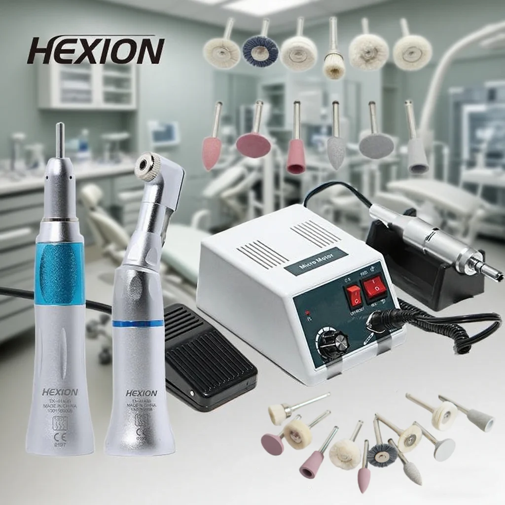 HEXION 35000 U/min Dentallabor-Mikromotor-Set – E-TYP, 18 Griffe und 1:1 Handstück und Polierkopf – Schleifen, Polieren und Maniküre