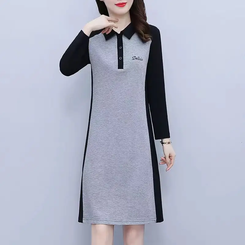 Casual Long Sleeved Polo Collar Dress for Women New Plus Size to Cover the Belly and Show Off Weight Straight Tube Bottom Skirt