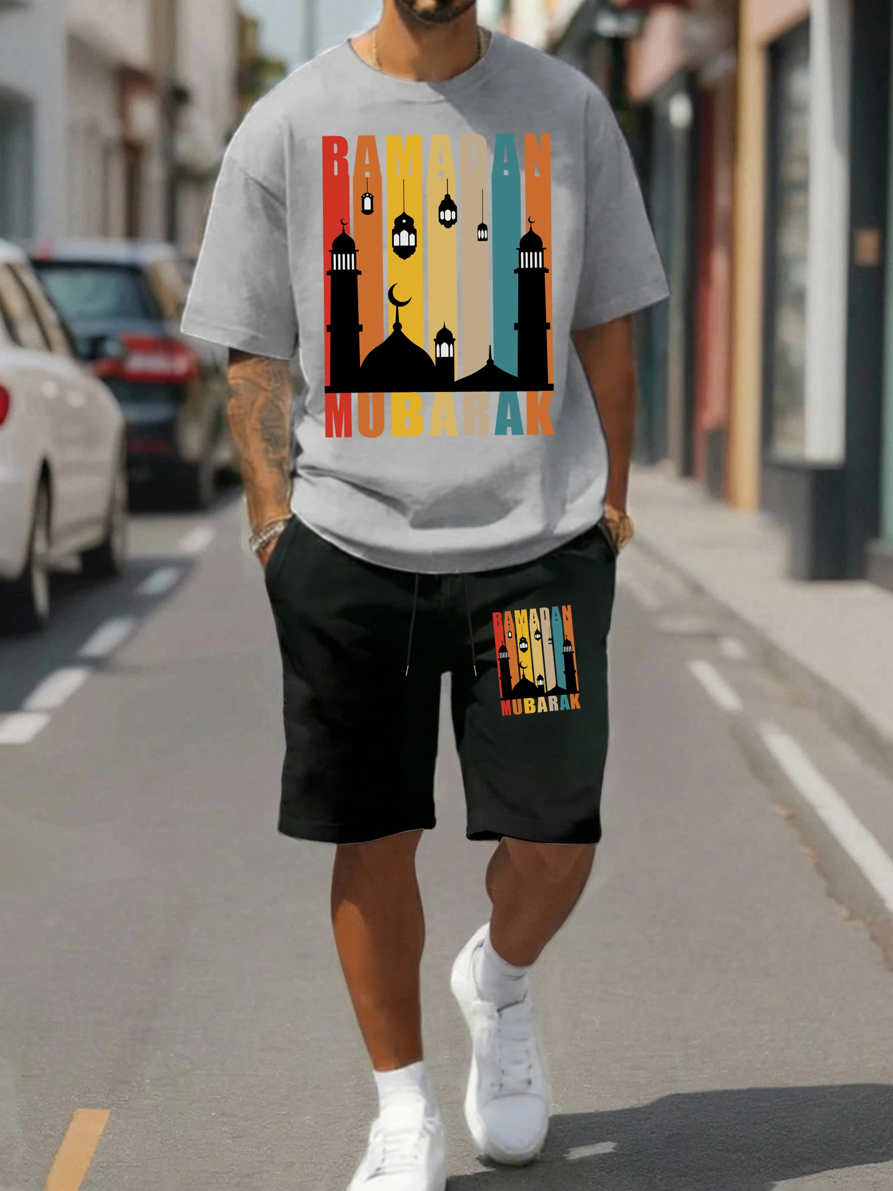 

Ramadan Mubarak Graffiti Design Men Sportsuit Retro Fashion Cotton Tee Drawstring Shorts Summer Unisex Cotton Loose Tee Suit
