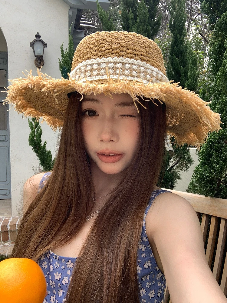 

Romantic Vaion Sle Large Brim Paper Lace Hat Flat Top Summer Beach Sunade Hat for Women Casual Leisure Hat