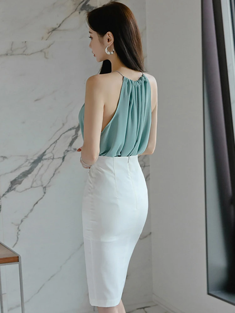 Fashion Sexy Club 2 Piece Outfit Elegant Women Chic Sexy Strap Loose Tops Shirt Blouse High Waist Slit Midi Skirt Mujer Slim Set