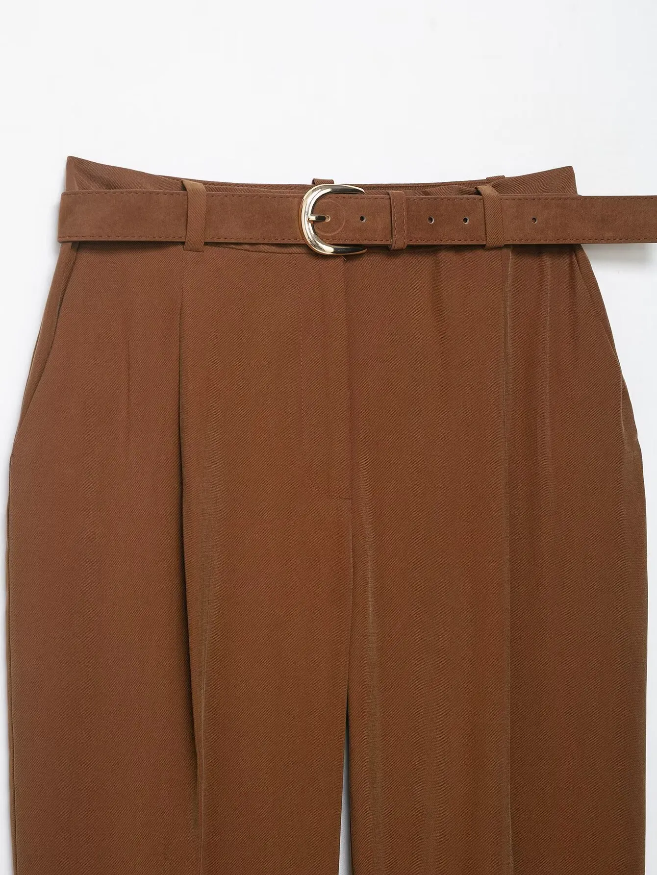 Women's High Waist Ankle Trousers Zipper Fly Belted Office Chic Fashion Pants with Side Pockets
