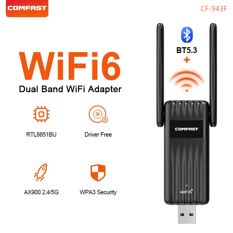 

WiFi6 Adapter USB2.0 BT5.3 900Mbps Wireless Bluetooth Adapter AX900 WiFi Dongle 2*3dBi Antenna Receiver For PC Win10/11 CF-943F