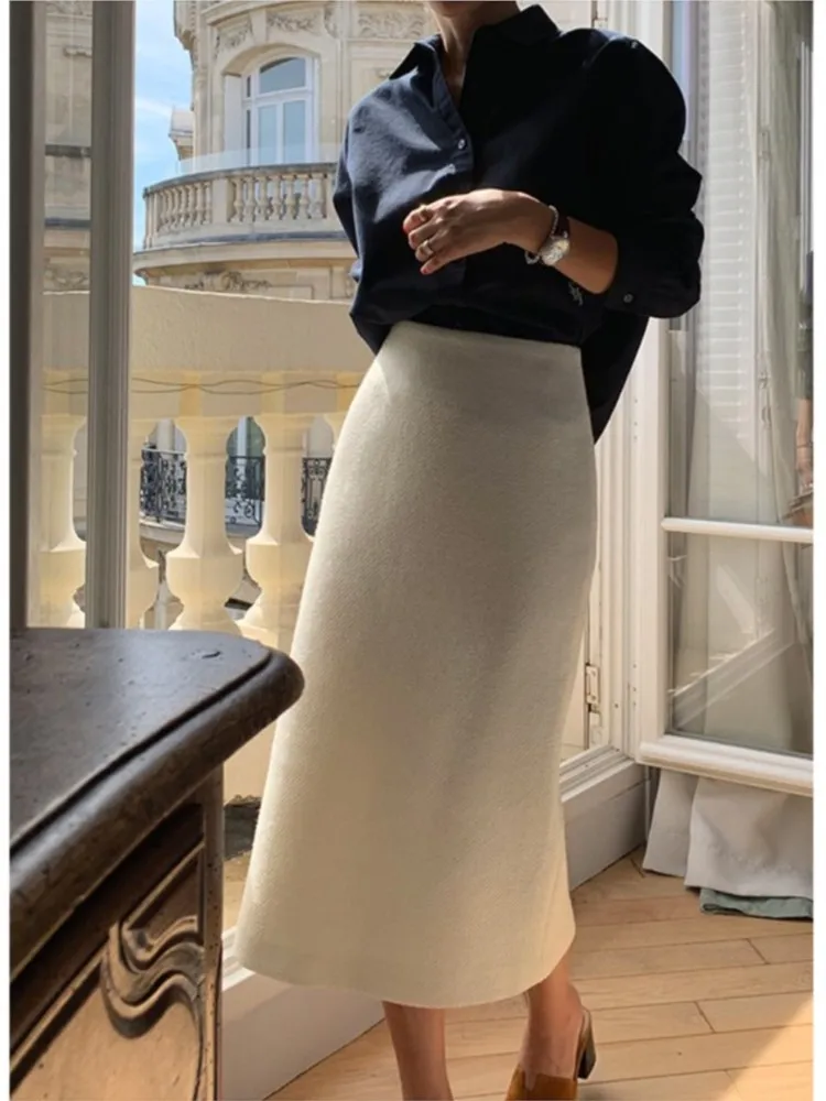 Wool Autumn Winter Midi Skirt Women High Waist Fashion Bodycon Ladies Skirts Office Korean Style Woman Skirt 2024