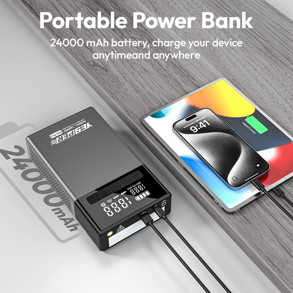 Yesper M6 Pro Mu-tifunction 24000mAh Portable Starter Jump 4250A Peak Current 160PSI Air Compressor for Tire Inflator