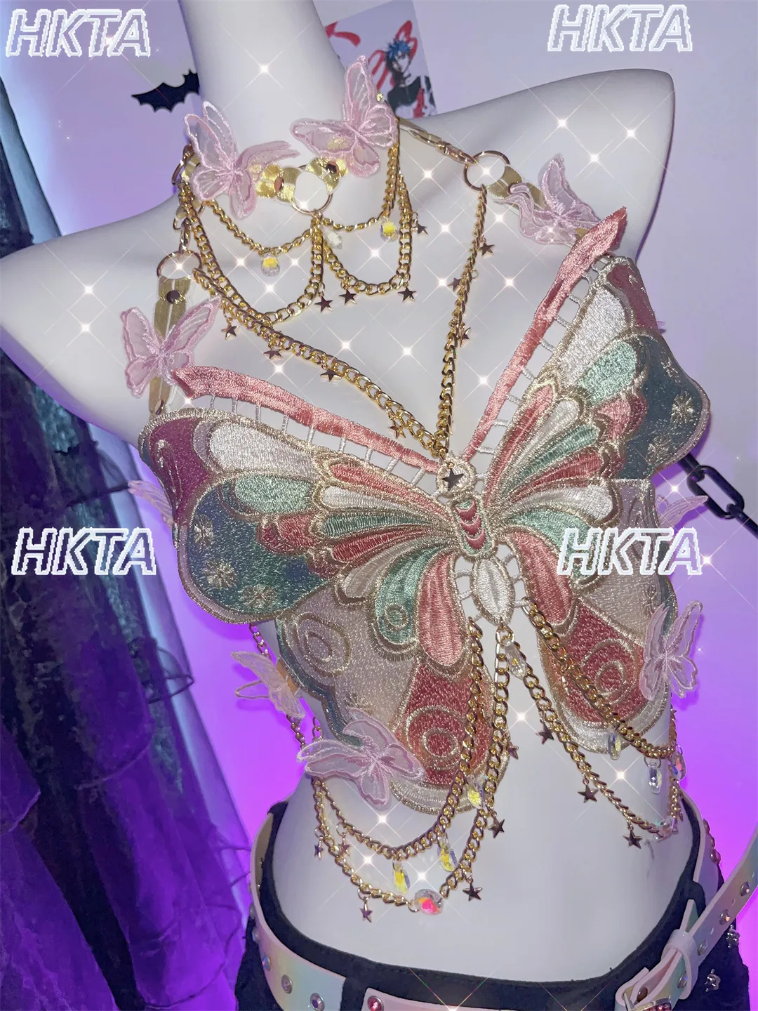 Y2K Hot Girl Sexy V Collar Embroidery Butterfly Metal Chain Top Festival Subculture Sweet Cosplay Halter Suspenders Vest Women