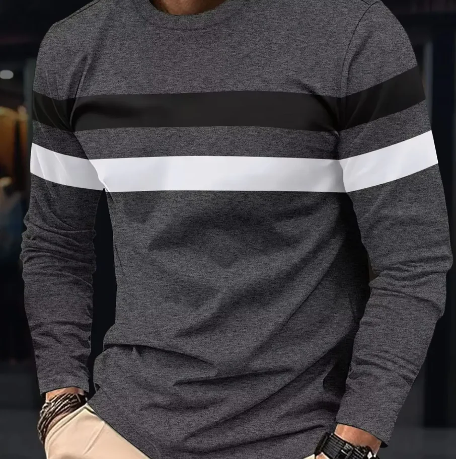 Autumn/Winter Fashion Men's Long Sleeve Round Neck Splicing T-shirt Business Anti Wrinkle Street Wear Casual Top Striped New