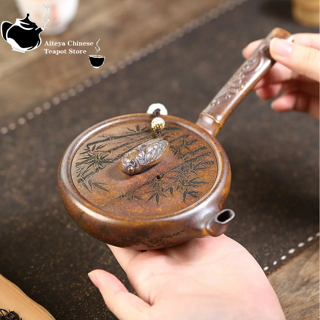 Yixing handmade purple clay teapot, raw ore, dragon bone, gold sand, satisfying Tang Yu tea pot, Kung Fu tea set 180ml