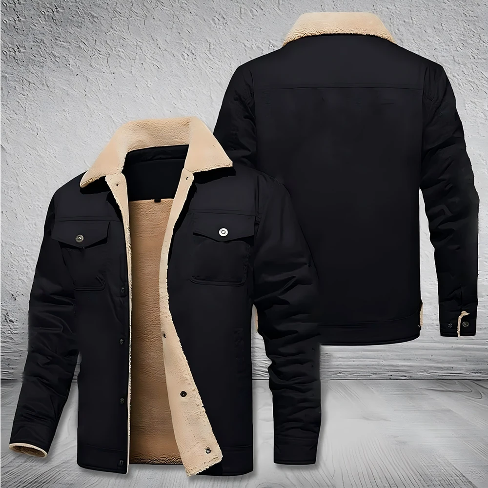 Autumn and winter furry lining buttoned jacket for casual elderly people, trendy collar for warmth, men's multi pocket jacket ca