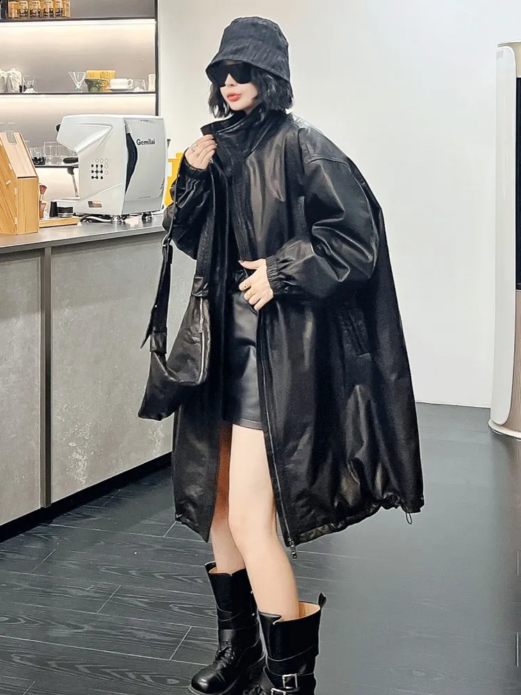 Vintage المرأة الشتاء جلد البقر جلد طبيعي أسفل سترة سميكة الدافئة طويلة خندق معطف فضفاض صالح سترة واقية معطف المتضخم