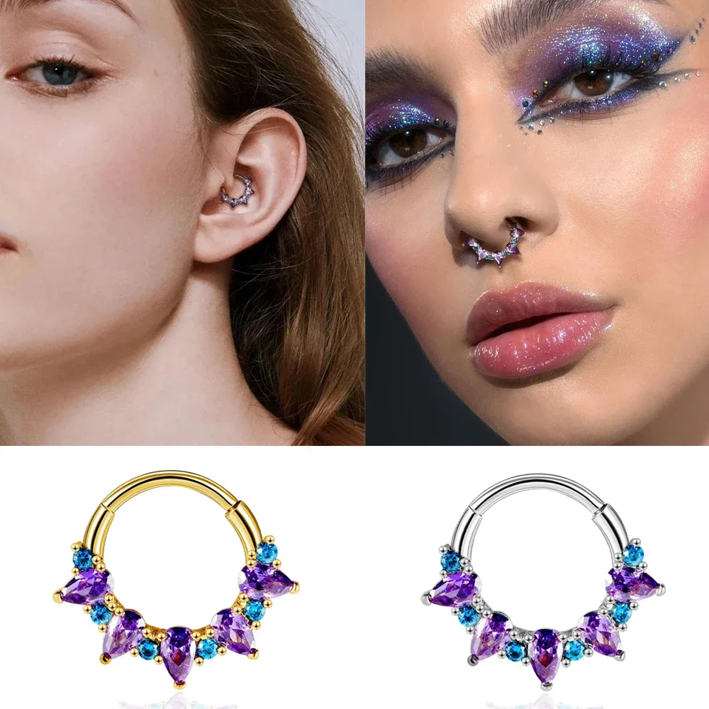 Fashion Gold Color Nose Rings for Women Earrings Surgical Steel Septum Ring Purple Cubic Zirconia Falso Nose Septum Piercing