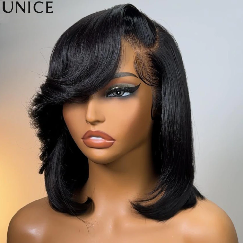 

UNICE Short Bob Wig Human Hair with Blow Out Bangs Side Part 4x4 Lace Glueless Wigs Pre Bleached Pre Cut Lace Ready to Wear Wig