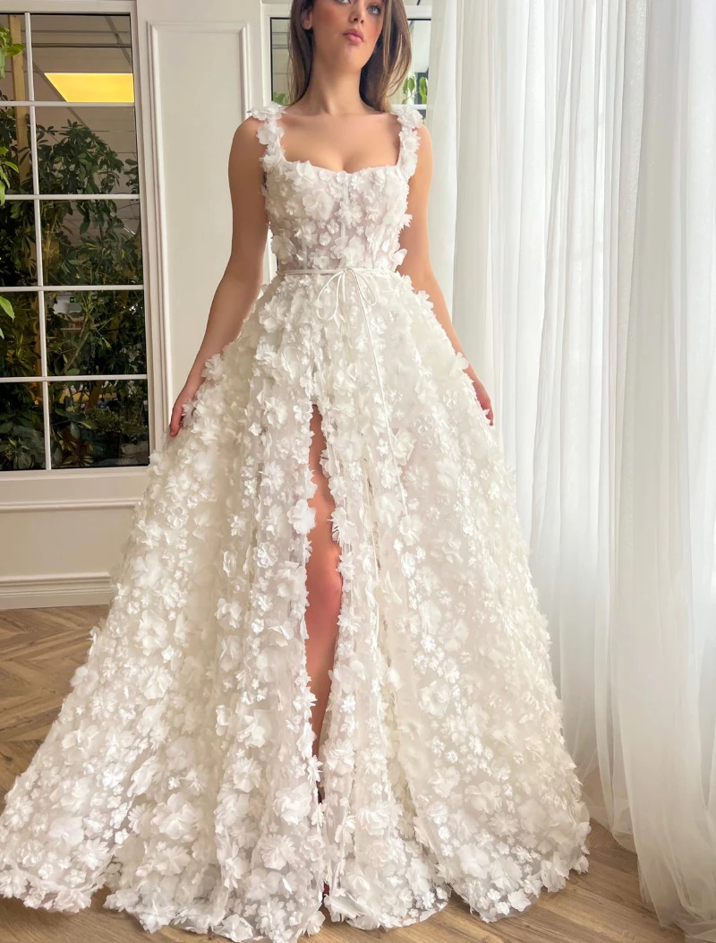 18112#Romantic A-line White Fairy Flower Wedding Dress Appliques Lace Bride Dresses Evening Party Gown for Women Robe De Mariée