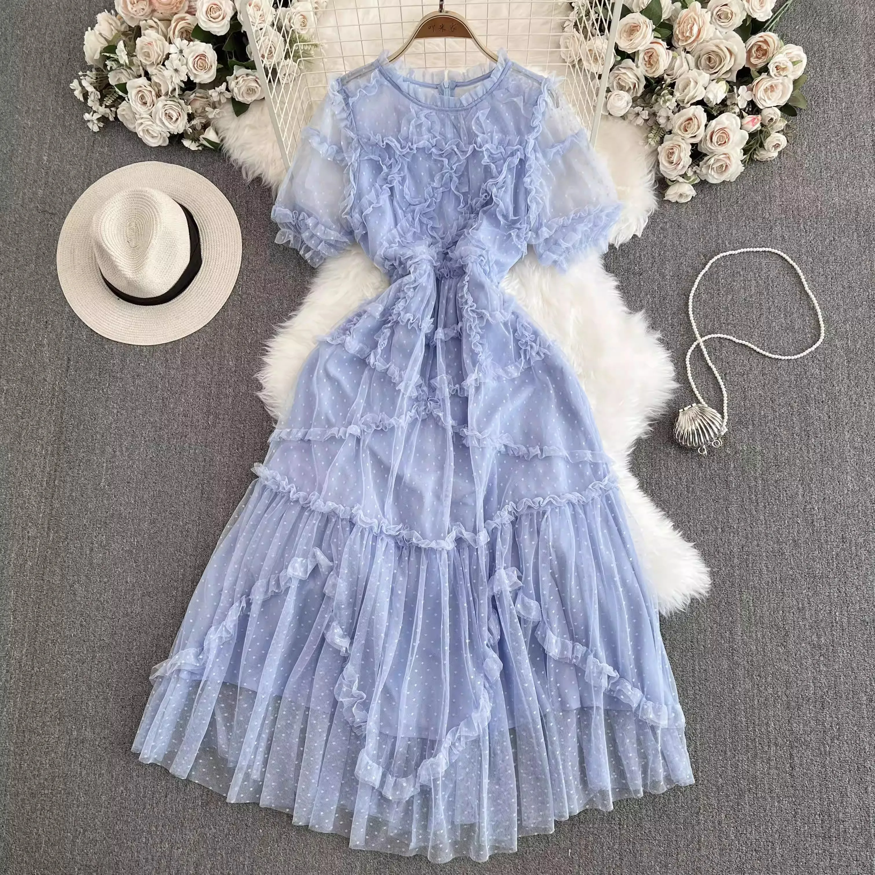 

Summer Solid Ruffled Folds Dot Mesh Dresses Women's O-Neck Short Sleeve High Waist Elegant Long Vestido Female Fashion Clothing