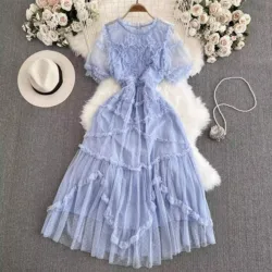 Summer Solid Ruffled Folds Dot Mesh Dresses Women's O-Neck Short Sleeve High Waist Elegant Long Vestido Female Fashion Clothing