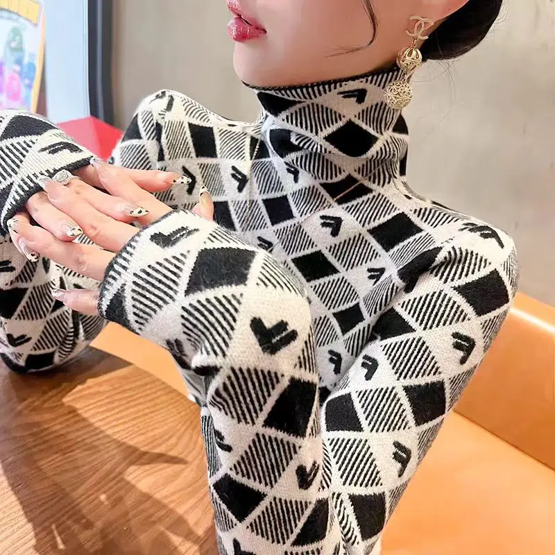 Women Clothing Fashion Turtleneck Argyle Knit Pullovers Autumn Winter Elegant Chic Slim Long Sleeve Long Sleeve All-match Tops