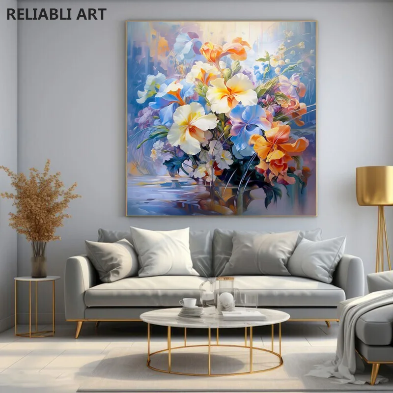 Painting Of Beauty Flowers With Water And A Blue Background,Canvas Print Poster，Wall Art Picture,Cuadros, Home Decoration，No Fra