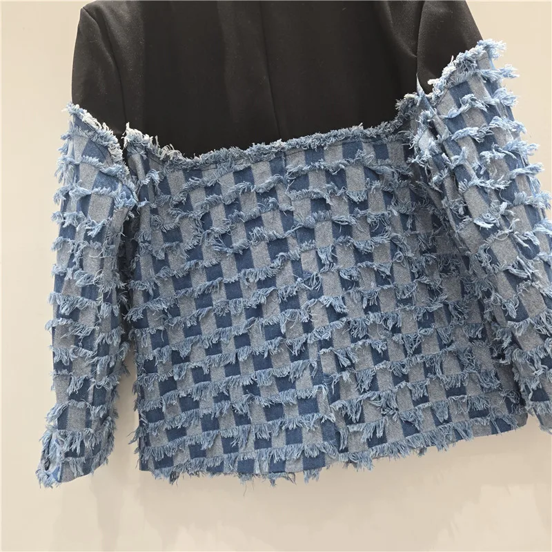 Mode gerafelde bramen geruit jasje losse casual gekerfde kraag contrasterende kleur denim lange mouwen stiksels dames blazers jas