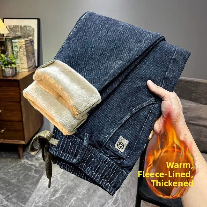 

Мужские джинсы Fce с подкладкой, утепленные, осенне-зимние, универсальные повседневные брюки, с эластичным поясом, прямые штанины, модные...