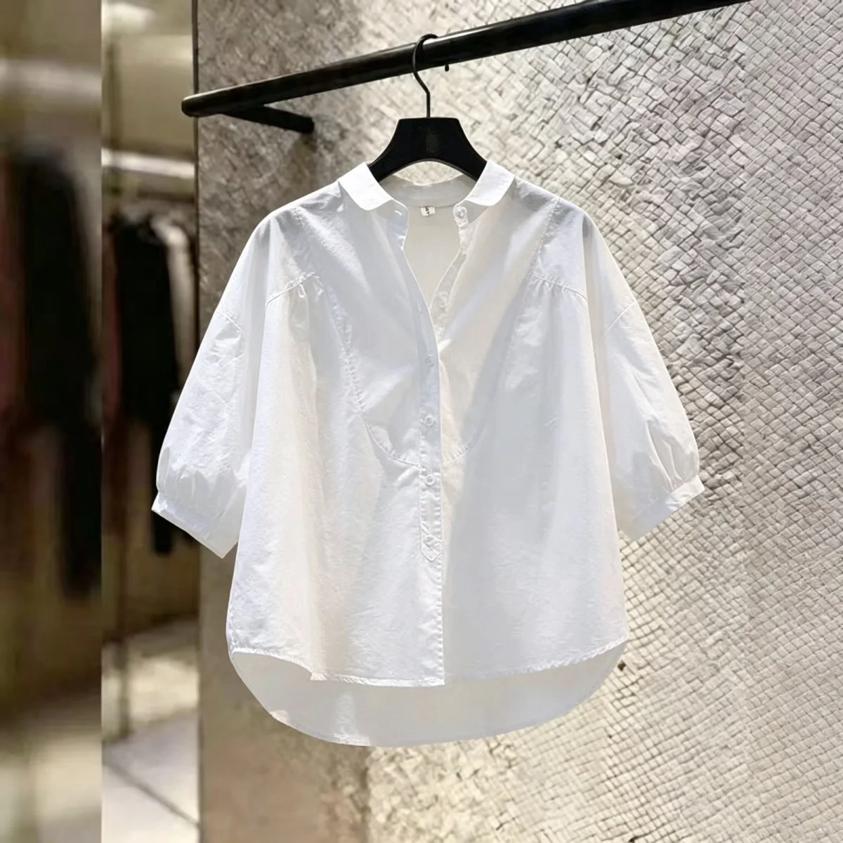 

Casual Style Loose Fit White Shirt Women's Summer New Five-Quarter Sleeve Elegant Top Versatile Loose Blouse Belly Concealing