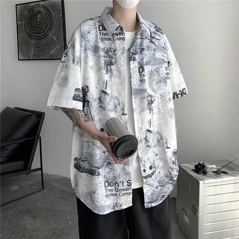 

Plus Size Graffiti Lapel Mens Short Sleeve Shirt Turn Down Collar Blouses Japanese Casual Cardigan Spring Summer Male Shirts