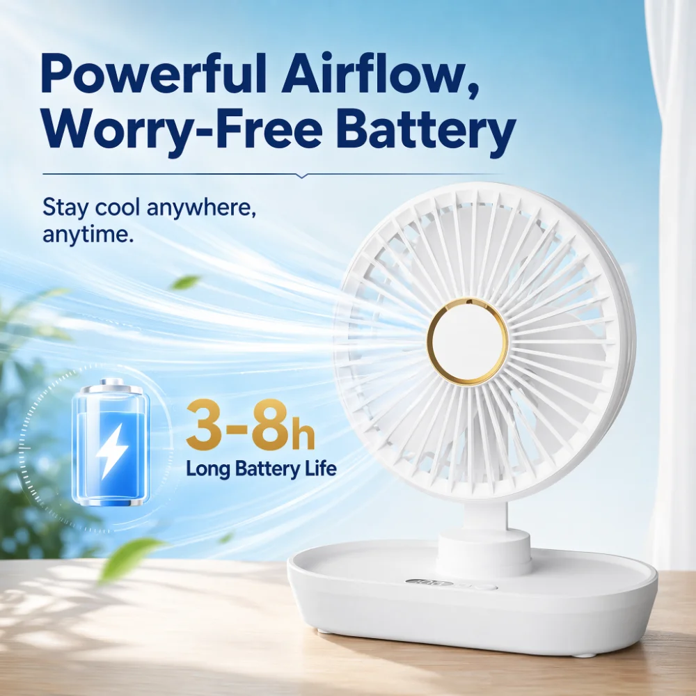 Quiet Auto Oscillating Desk Fan 5 Adjustable Speed Levels Long Endurance Rechargeable Personal Mini Cooling Fan for Office Dorm