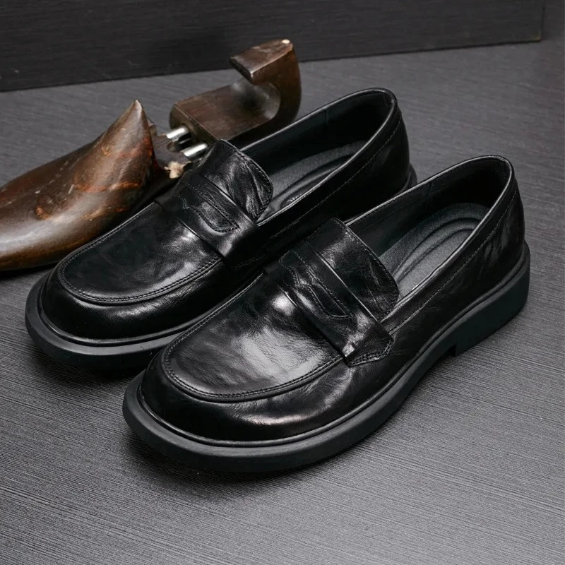 

New Business Formal Oxford Leather Shoes Men's Loafers Height Increasing Design Genuine Leather Thick Sole Round Toe Shoes 030