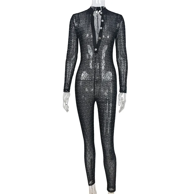 Black Deep V Neck Sexy Jumpsuits Long Sleeve Bodycon Mesh See Through Diamond Elegant Rompers Nightclub Party Women Long Pants