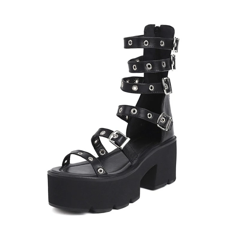 Gothic Platform Gladiator Sandals Women Plus Size 44 Buckle Straps Block Heel Back Zipper Punk Style Open Toe Summer Shoes 6615