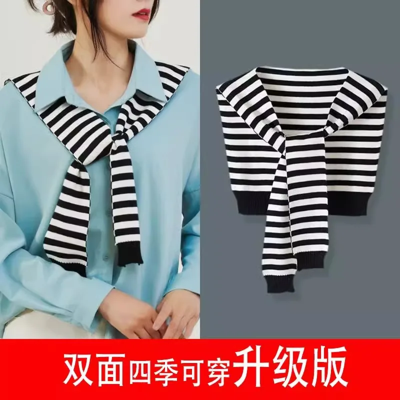 

Double-sided Wearable Knitted Shawls Woman Striped Shirt False Collar Air-conditioned Room Warm Decorateive Scarf Women Luxury