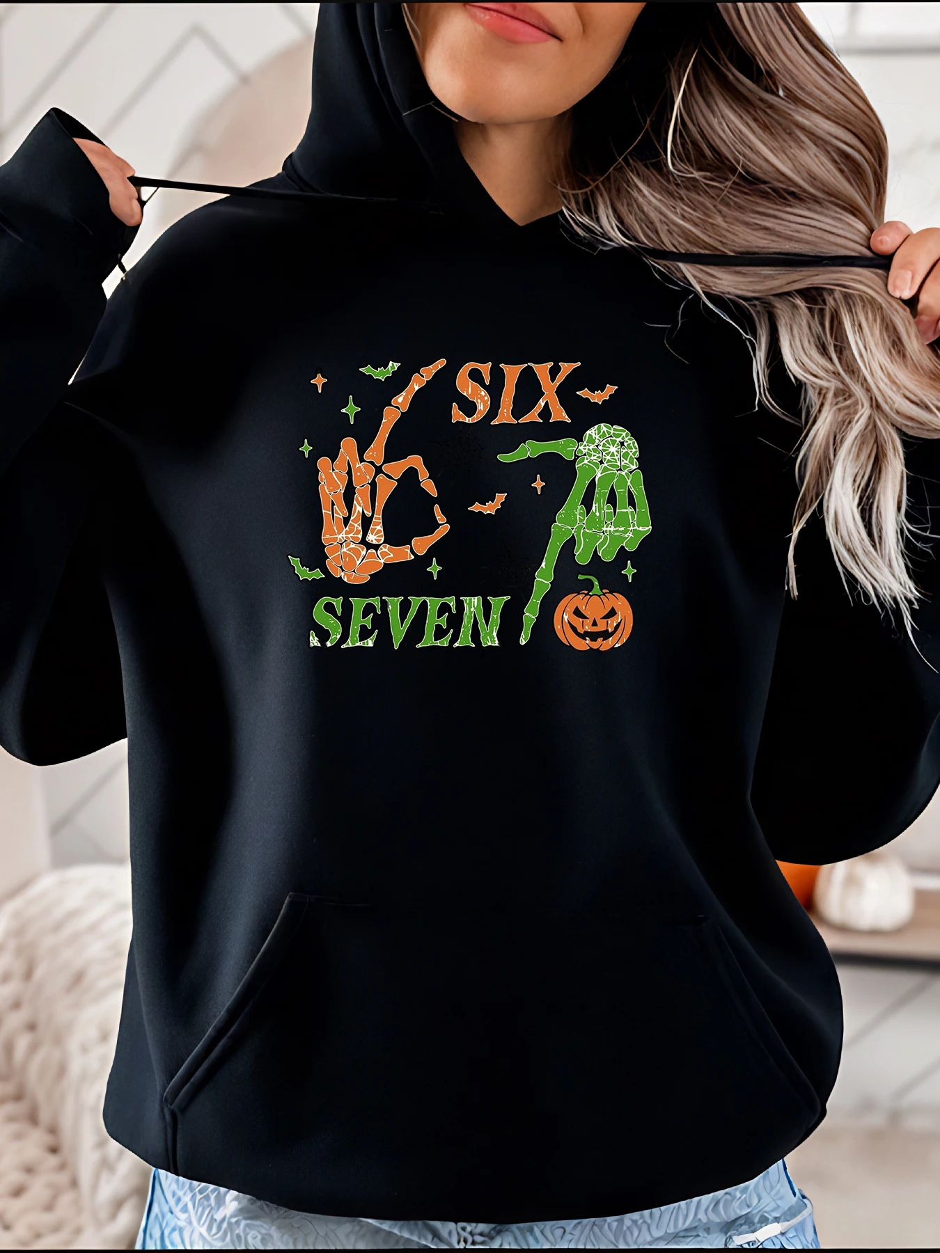 

Толстовка с капюшоном на Хэллоуин, пуловер с принтом «Скелет», «Шесть семь тыкв», женский повседневный костюм на Хэллоуин, одежда