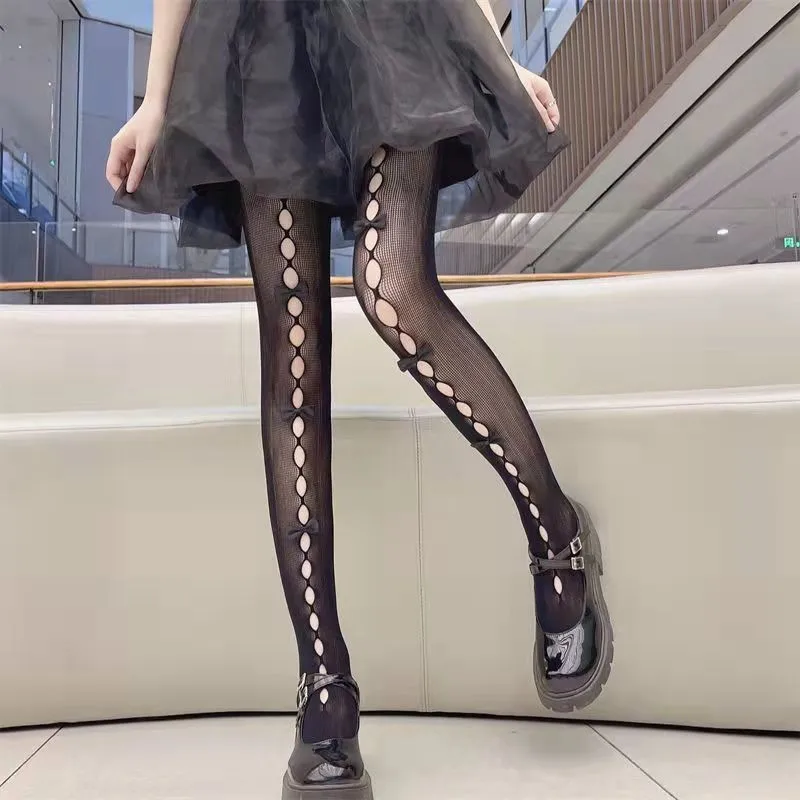 Lolita cosplay meninas bowknot oco para fora meia-calça sexy fina ins maré rendas meias anime preto branco fishnet meias de seda