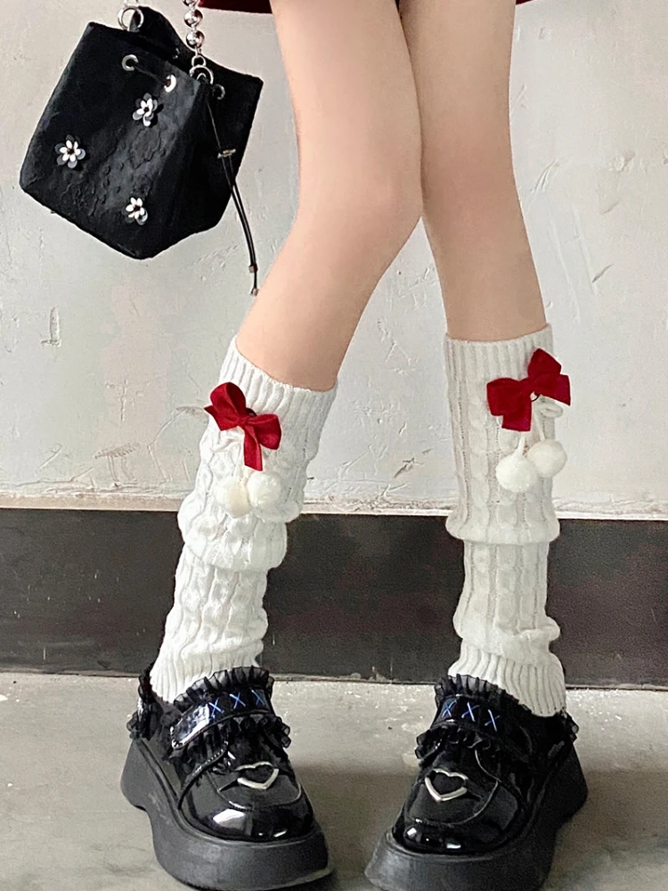 Knitted Leg Warmers Women's Cotton Cloth Geometric Pattern Moisture Wicking Calf Socks Christmas Warm Bow Red Spring and Autumn