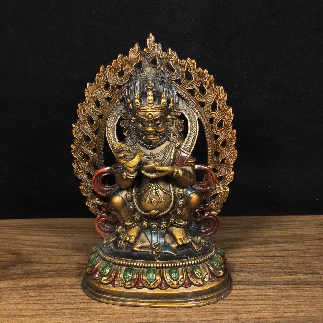 

6"Tibetan Temple Collection Old Bronze Painted Mahakala Standing Buddha Backlight Lotus stage Worship Hall Town House Exorcism