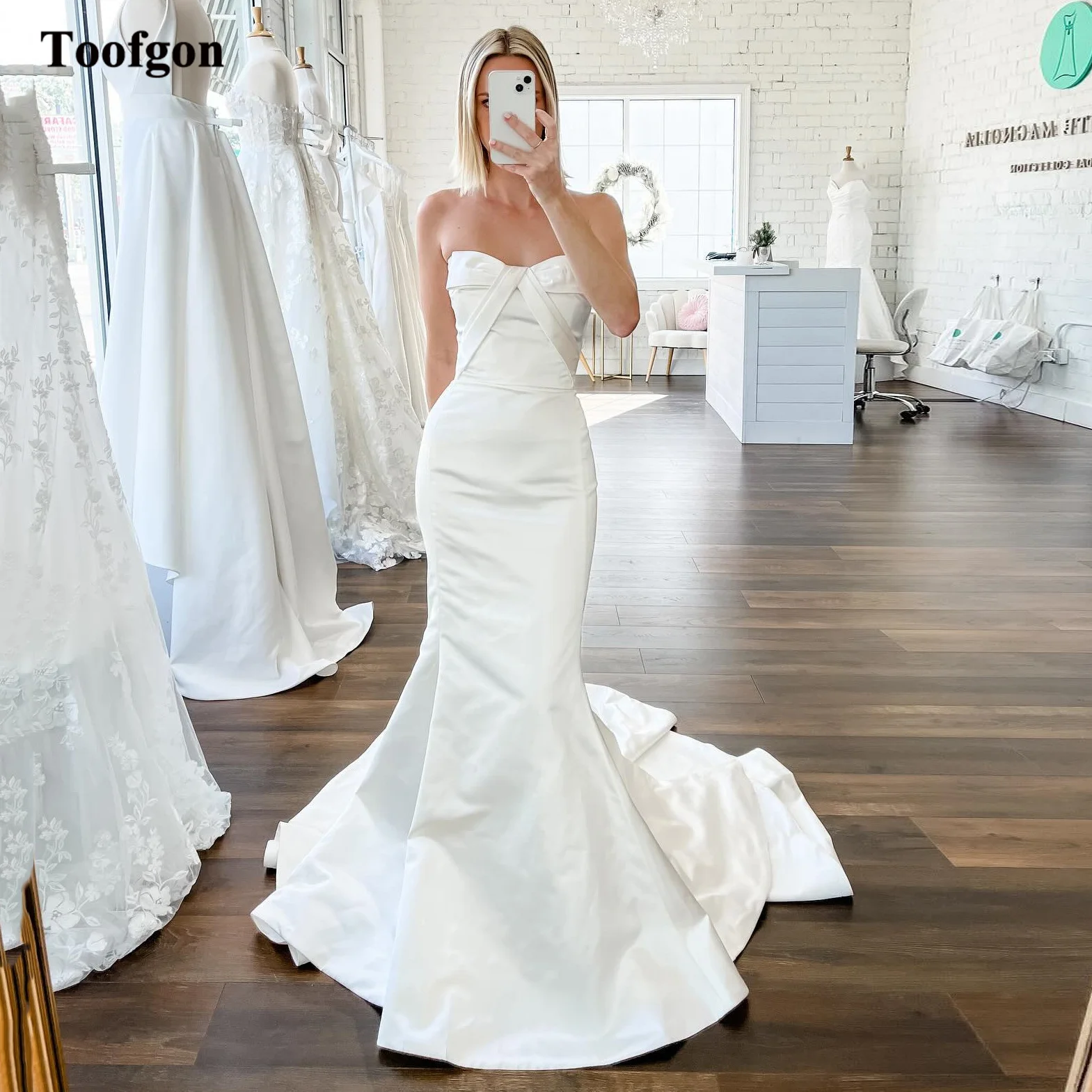 

Toofgon Simple Mermaid Bride Wedding Dresses Sleeveless Sweetheart Sweep Train Fishtail Wedding Gowns Formal Party Bridal Gowns