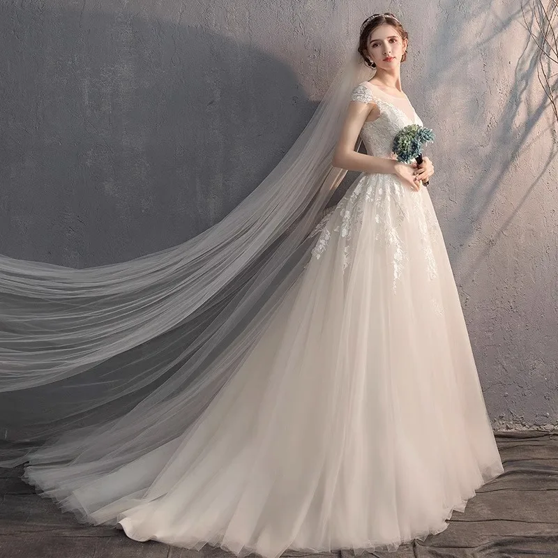 

Luxury Lace appliques Wedding Dresses Women Cap Sleeves A-line Sweep Train Prom Party Dress Elegant Lace-up Bridal Gown Vestidos