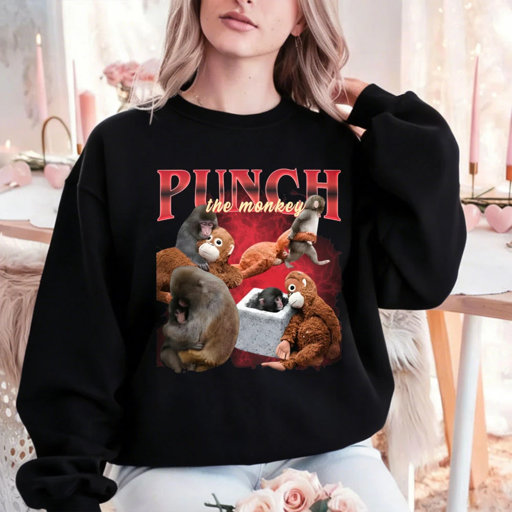 Edgy Retro Punch The Monkey Collage Pullover Sweatshirt Trendy Vintage Casual Everyday Aesthetic Crewneck Matching Hoodies - view 4