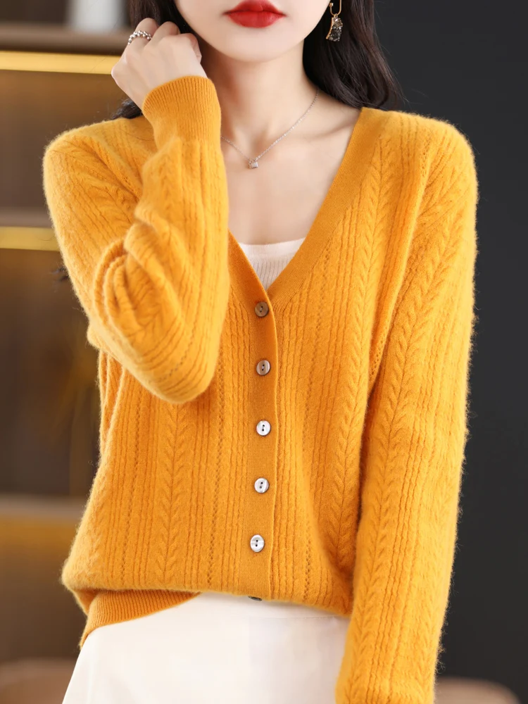 Spring Autumn Women V-Neck Cardigan 100% Merino Wool Long Sleeve Sweater Cashmere Knitwear Korean Casual Quality Tops Clothing