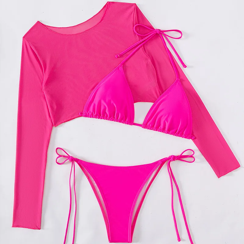 Sexy Bikini 3-teiliges Set Leopardenmuster mit langen Ärmeln Neuer Badeanzug Damen Schwimmen Low Waist Bademode Weibliche Badeanzüge